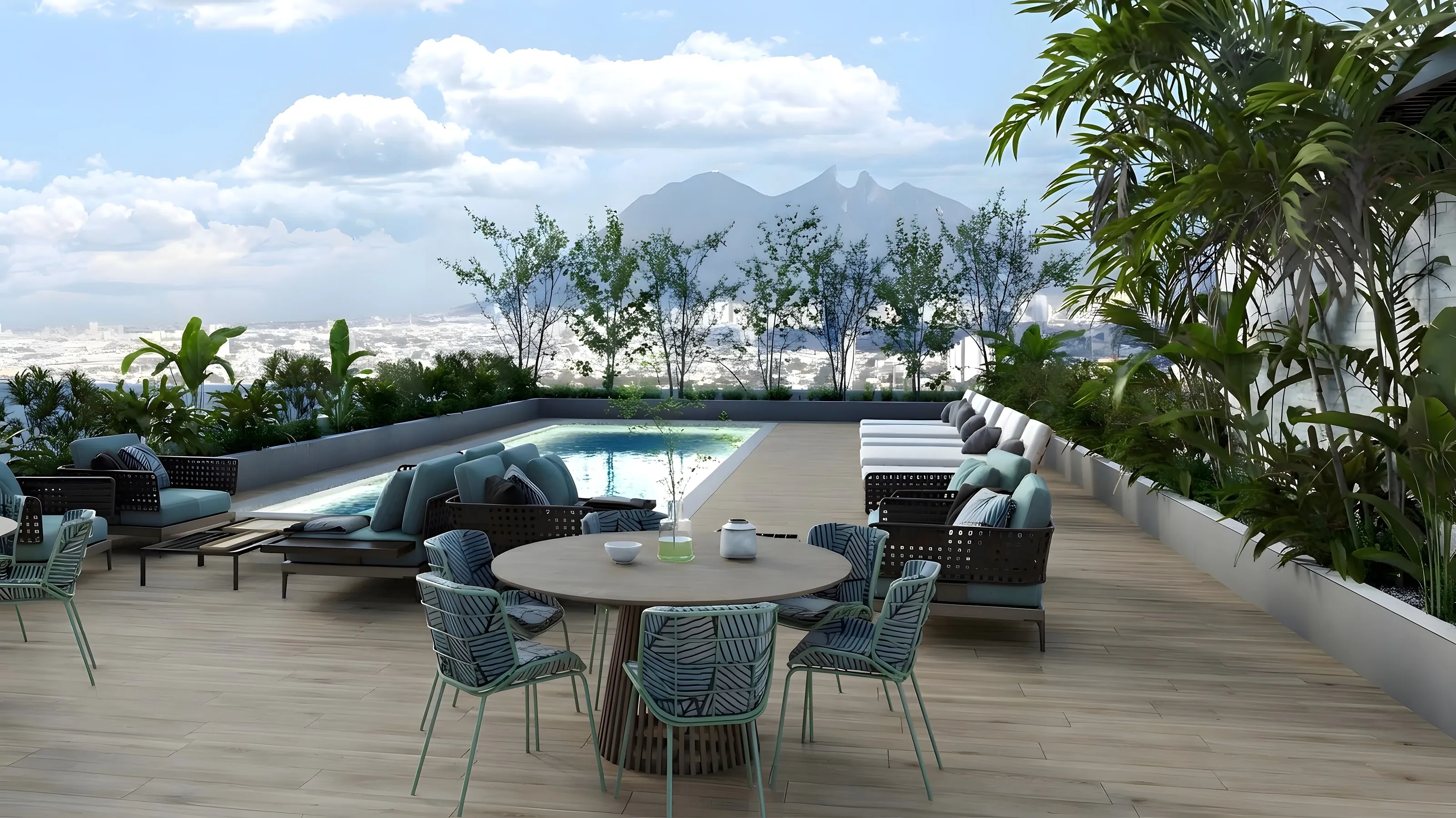 Terraza con alberca y vista al Cerro de la Silla y al horizonte de Monterrey